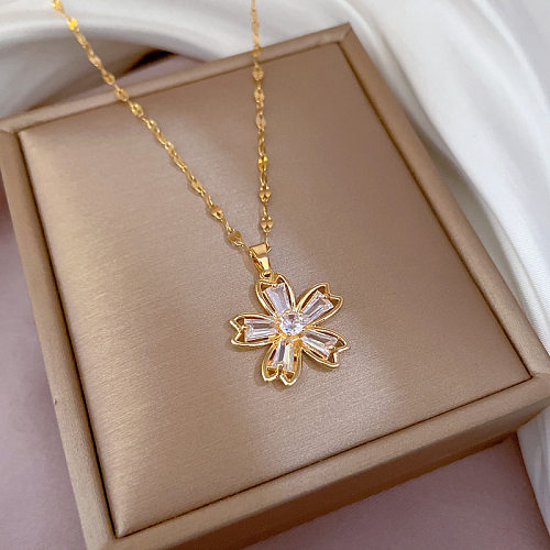 Simple Style Flower Stainless Steel Copper Inlay Zircon Pendant Necklace