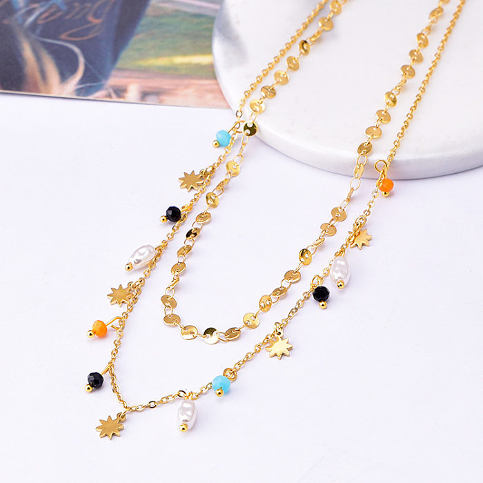 Fashion Geometric Star Stainless Steel Inlay Artificial Pearls Beads Layered Necklaces