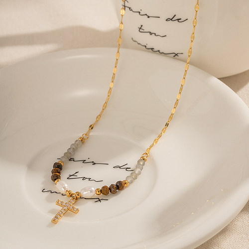 IG Style Lässige Kreuz-Anhänger-Halskette aus Edelstahl mit Perlenbeschichtung und Zirkon-18-Karat-Vergoldung