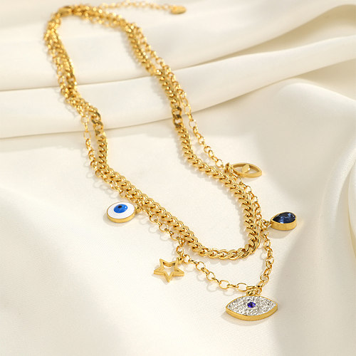 Collares de doble capa chapados en oro de 18 quilates con incrustaciones de acero inoxidable con ojo brillante de estilo simple