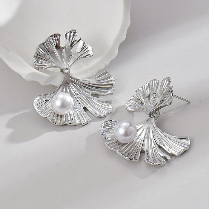 1 paire de boucles d'oreilles pendantes en acier inoxydable, Style moderne et élégant, incrustation de feuilles de Ginkgo, perle plaquée or 18 carats