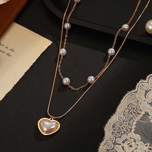 Fashion Heart Shape Stainless Steel  Inlay Artificial Pearls Necklace