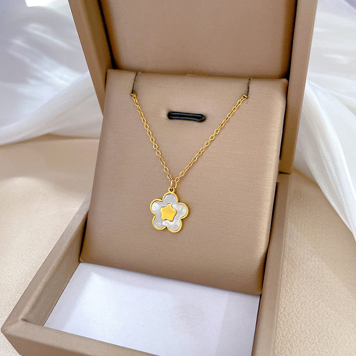 Elegant Flower Stainless Steel Plating Inlay Shell Pendant Necklace