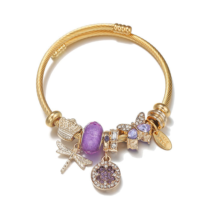 Estilo japonês libélula chapeamento de aço inoxidável pulseira de pedras preciosas artificiais 1 peça