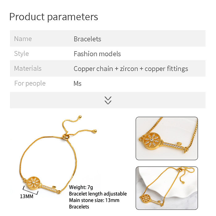 Elegant Simple Style Key Stainless Steel Plating Inlay Zircon 18K Gold Plated Bracelets