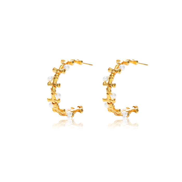 1 Pair Casual Simple Style C Shape Pearl Plating Stainless Steel  18K Gold Plated Ear Studs
