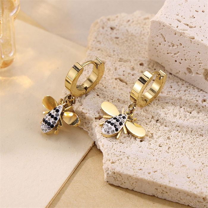 1 par de pendientes colgantes de diamantes de imitación de acero inoxidable con incrustaciones de abeja de estilo simple