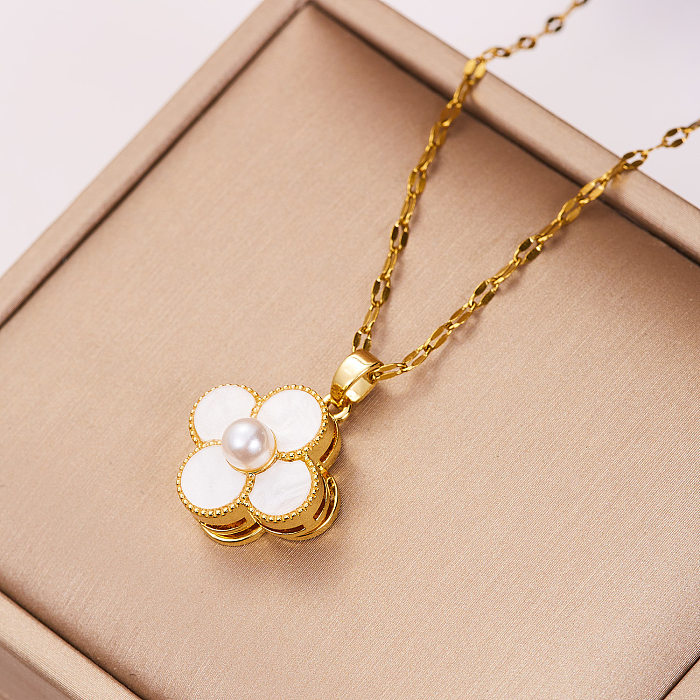 Japanese And Korean Versatile New Rotatable Clover Short Pearl Necklace Necklace Fashion Minority Design Stainless Steel Clavicle Chain