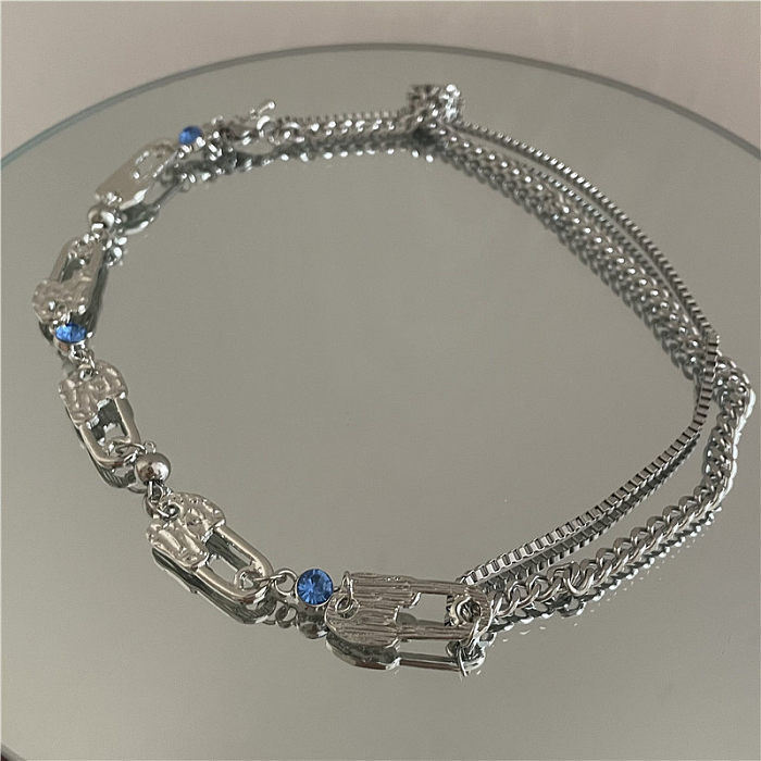 Mode Sky Blue Zircon Pin Edelstahl Doppelschicht Halskette Großhandel Schmuck