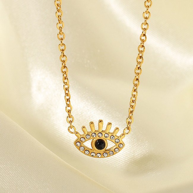 Vintage Style Hawaiian Devil'S Eye Stainless Steel  Plating Inlay Rhinestones 18K Gold Plated Pendant Necklace