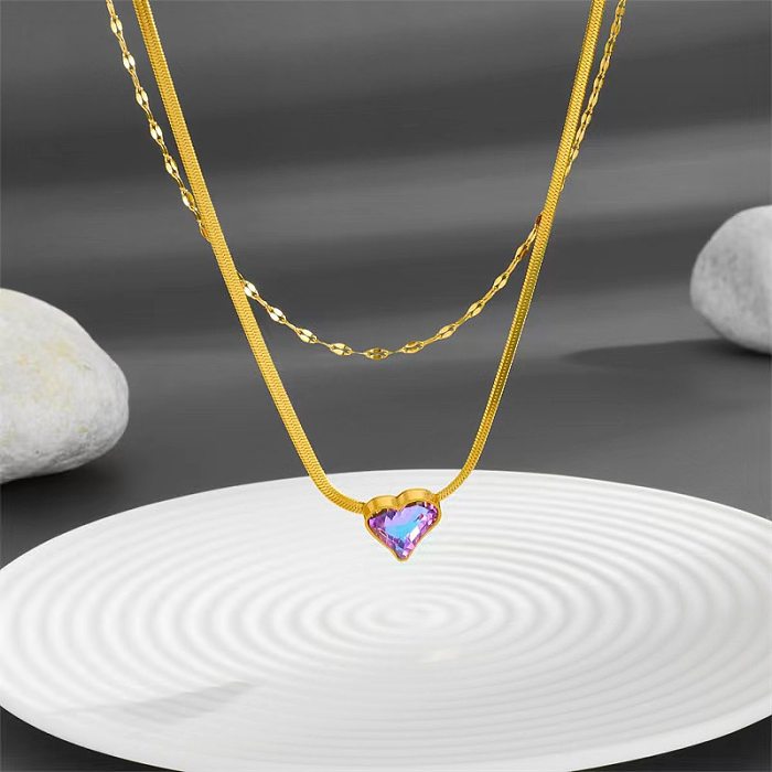 Schlichter Stil, Herzform, Edelstahl-Beschichtung, künstliche Edelsteine, 18 Karat vergoldet, doppellagige Halsketten