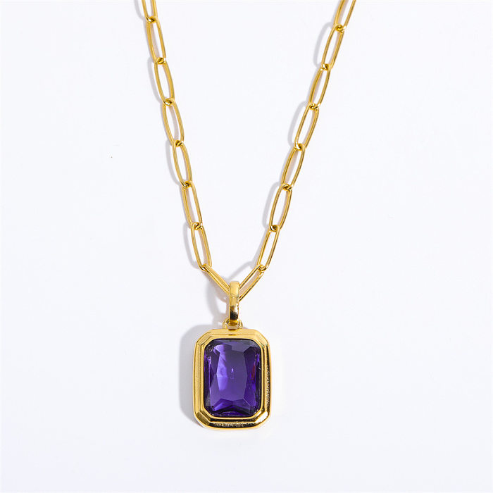 Elegant Vintage Style Square Stainless Steel  Plating Inlay Zircon 18K Gold Plated Pendant Necklace Long Necklace