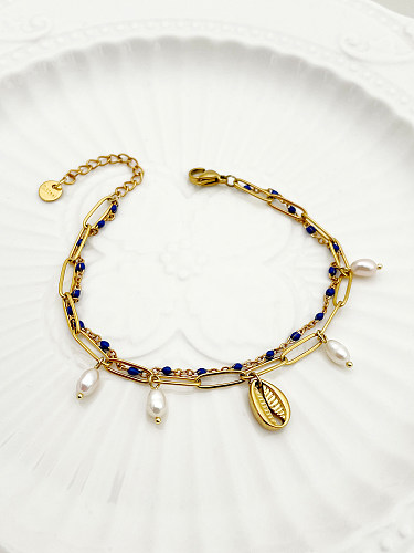 Pulseras chapadas en oro con pulido de perlas artificiales de acero inoxidable con concha dulce de estilo vintage elegante