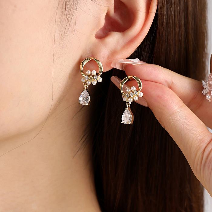 1 Paar einfacher Stil Pendel-Ohrringe im koreanischen Stil mit geometrischem Inlay aus Edelstahl mit künstlichen Perlen und Zirkon