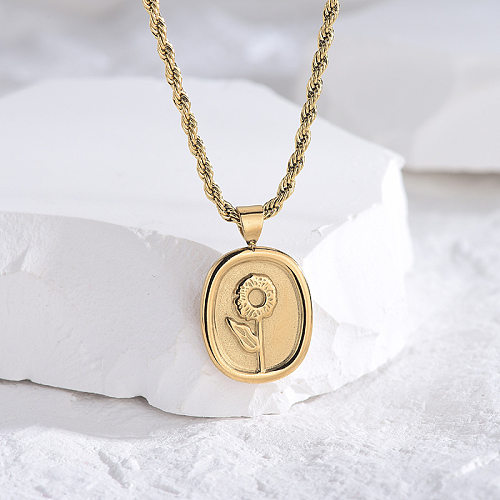 Retro Sunflower Oval Stainless Steel Pendant Necklace 1 Piece