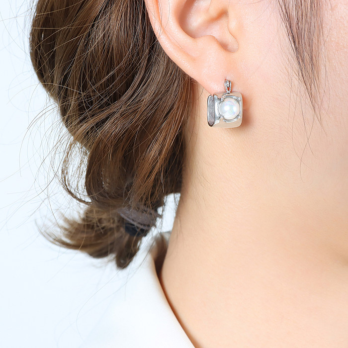 1 paire de boucles d'oreilles plaquées or 18 carats, Style moderne et élégant, incrustation ronde en acier inoxydable, perle de verre