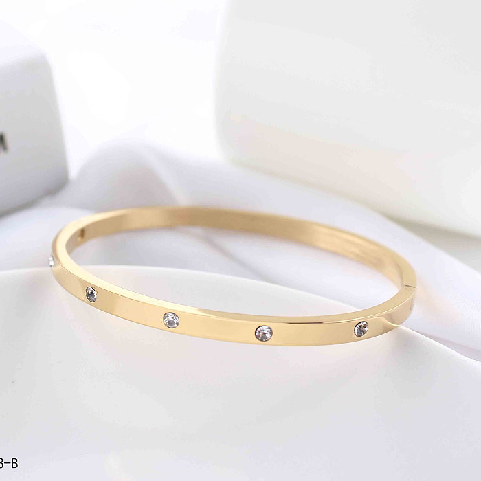Wholesale Casual Classic Style Geometric Solid Color Stainless Steel Plating Inlay Rose Gold Plated Gold Plated Silver Plated Rhinestones Bangle