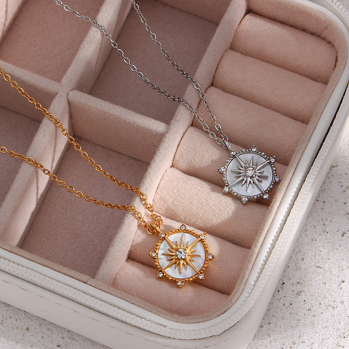 Casual Round Star Stainless Steel  Necklace Inlay Shell Zircon Stainless Steel  Necklaces