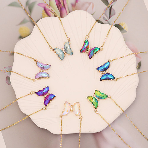 Colar de aço inoxidável de borboleta elegante chapeamento colares de aço inoxidável de vidro