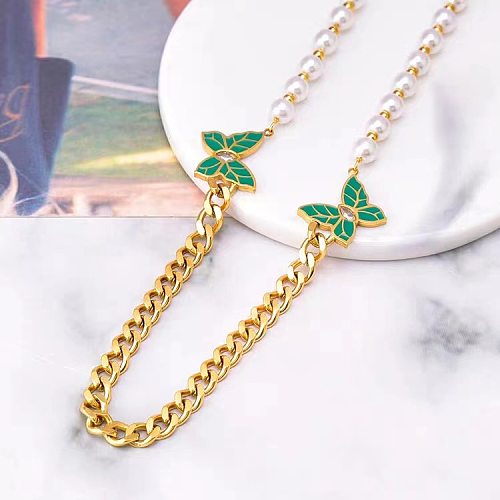 Elegante Schmetterlings-Halskette aus Edelstahl mit Perlenbeschichtung und künstlichem Diamant-Inlay