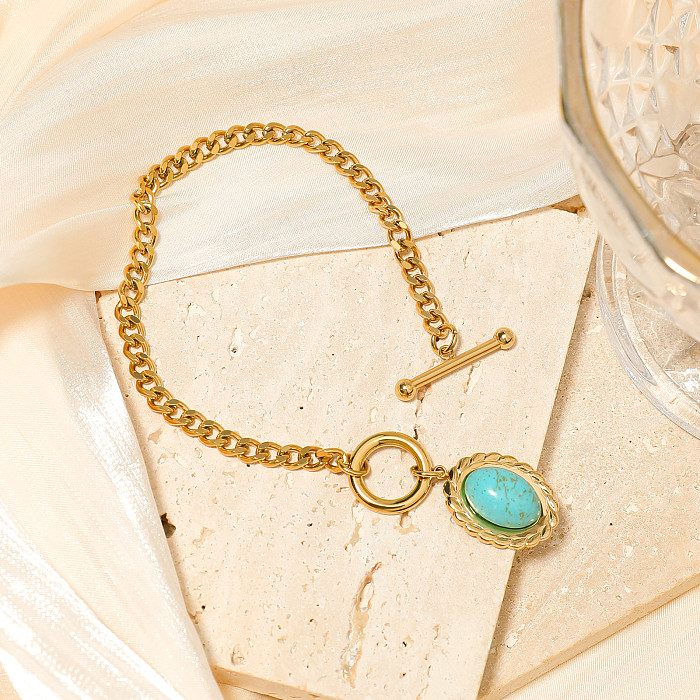 Einfache Retro-Sektor-Stern-Oval-Halskette aus Edelstahl mit Toggle-Beschichtung und Inlay, türkis vergoldet
