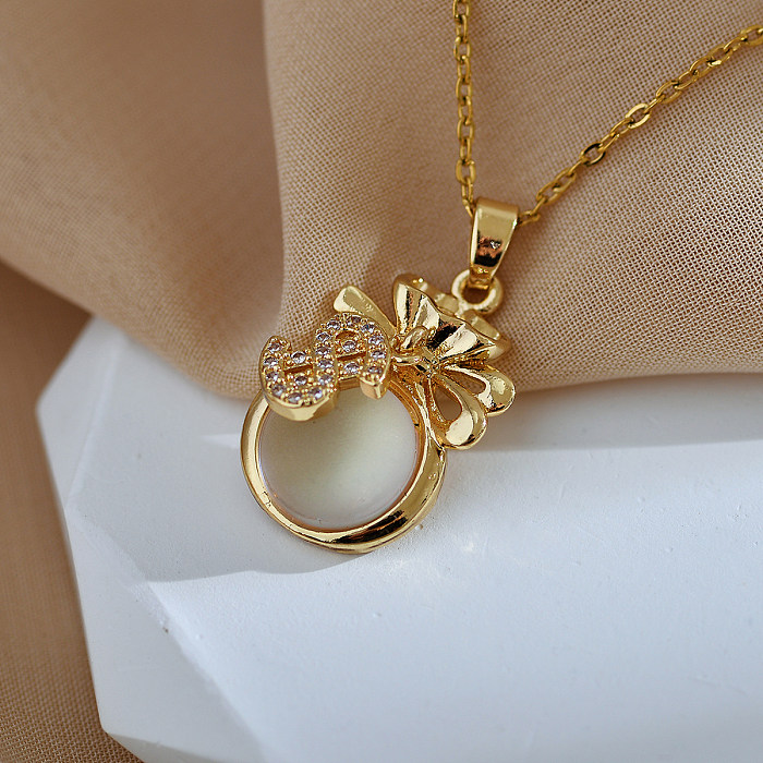 Elegant Streetwear Bow Knot Stainless Steel Copper Plating Inlay Opal Zircon Pendant Necklace