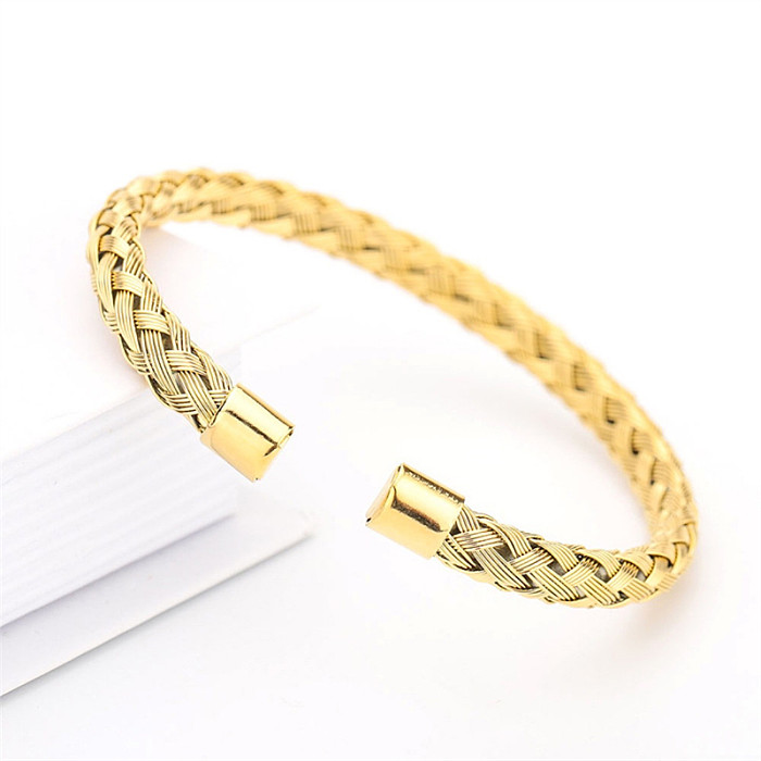 Handmade Solid Color Stripe Stainless Steel 18K Gold Plated Cuff Bracelets In Bulk
