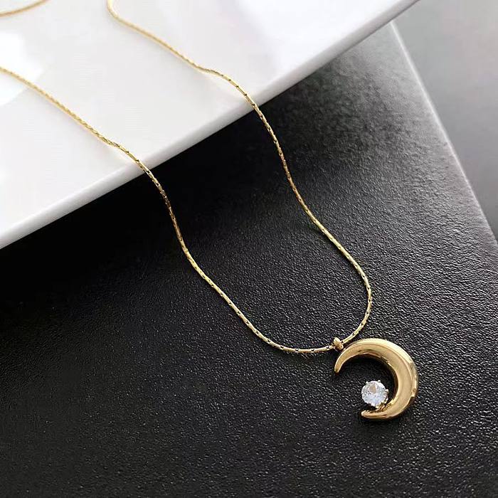 Simple Style Moon Stainless Steel Inlay Zircon Pendant Necklace