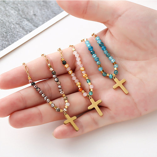 Ethnic Style Cross Stainless Steel  Beaded Plating 14K Gold Plated Pendant Necklace