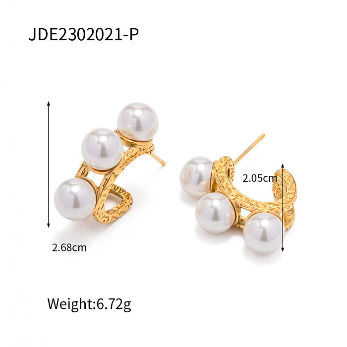 1 Pair Retro C Shape Stainless Steel  Plating Hollow Out Inlay Artificial Gemstones Pearl Ear Studs
