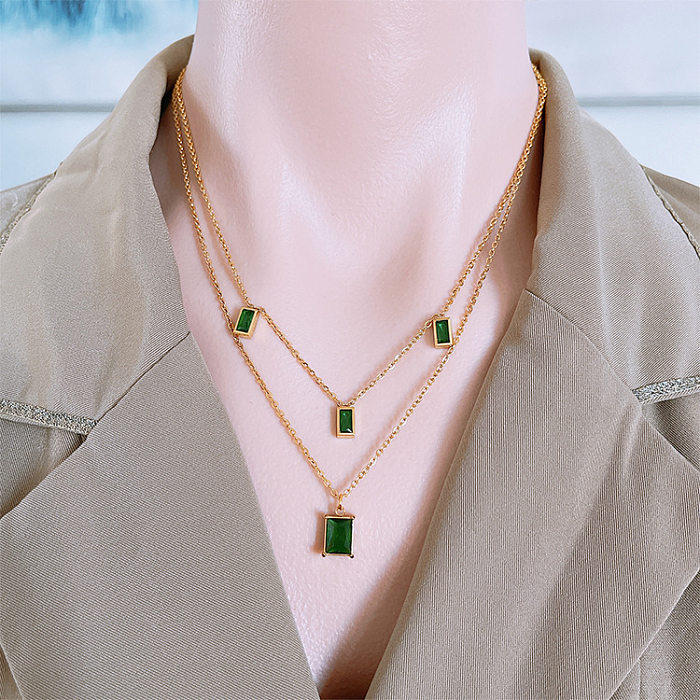 Simple Style Geometric Square Stainless Steel Gold Plated Rhinestones Layered Necklaces 1 Piece