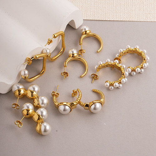 Boucles d'oreilles plaquées or, 1 paire, Style moderne de vacances, incrustation carrée en forme de C, perles artificielles en acier inoxydable