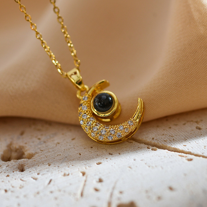 Retro Classic Style Moon Stainless Steel Copper Inlay Zircon Pendant Necklace