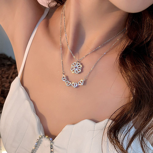 Modische vierblättrige Kleeblatt-Halskette in Herzform aus Edelstahl mit Blumen-Inlay und Zirkon