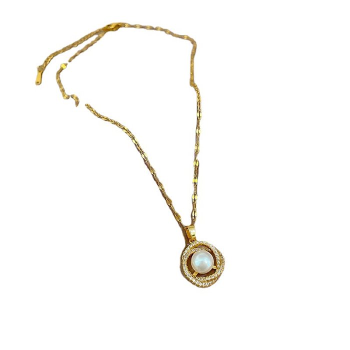 Collier pendentif rond en acier inoxydable et cuivre, Style Simple, avec incrustation de diamants artificiels
