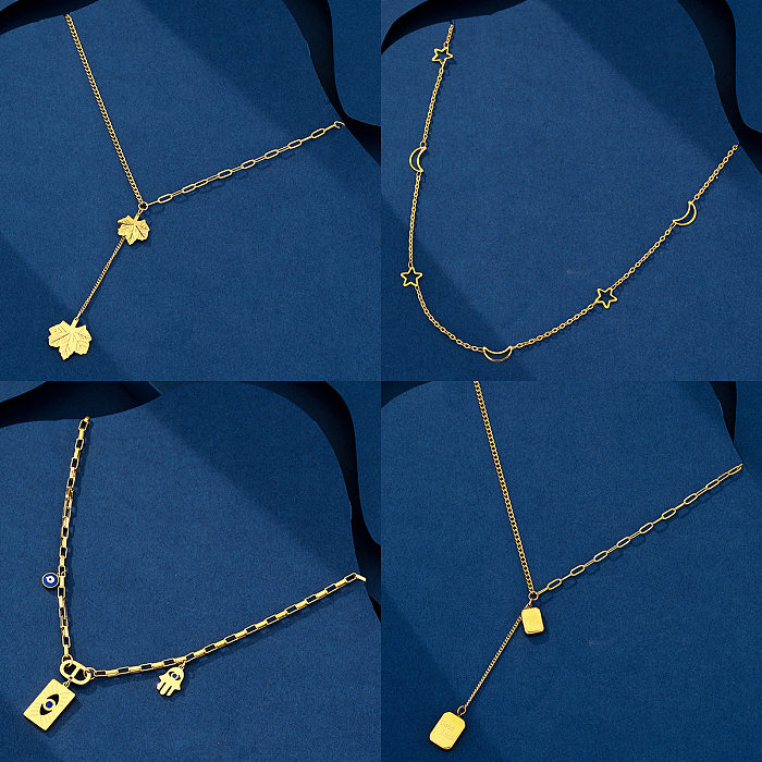 Collier pendentif plaqué or 18 carats, Style Simple et décontracté, étoile, lune, feuille d'érable, placage en acier inoxydable, incrustation creuse