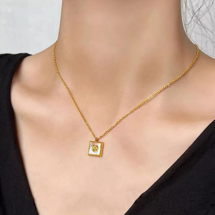 Elegant Retro French Style Square Flower Stainless Steel Plating 18K Gold Plated Pendant Necklace