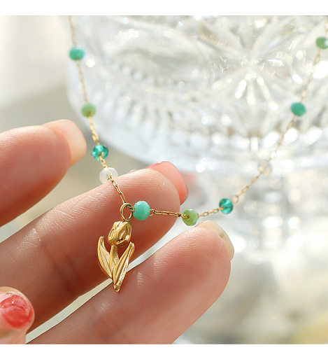 Simple Style Flower Stainless Steel Necklace Beaded Stainless Steel  Necklaces
