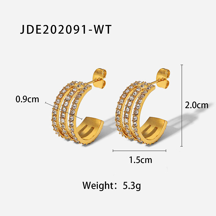 Boucles d'oreilles tendance géométriques en acier inoxydable plaqué or avec diamants artificiels, 1 paire