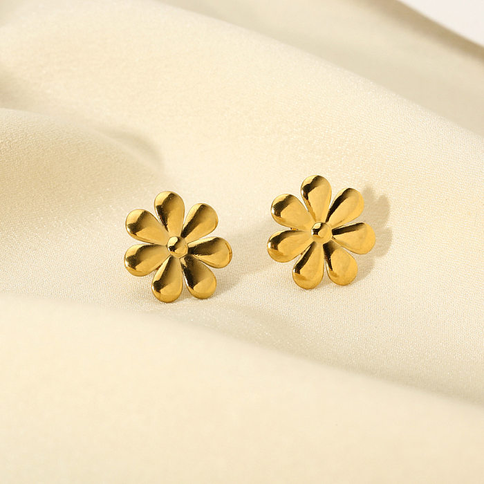 1 par de brincos de orelha banhados a ouro 18K, estilo básico moderno, flor, aço inoxidável