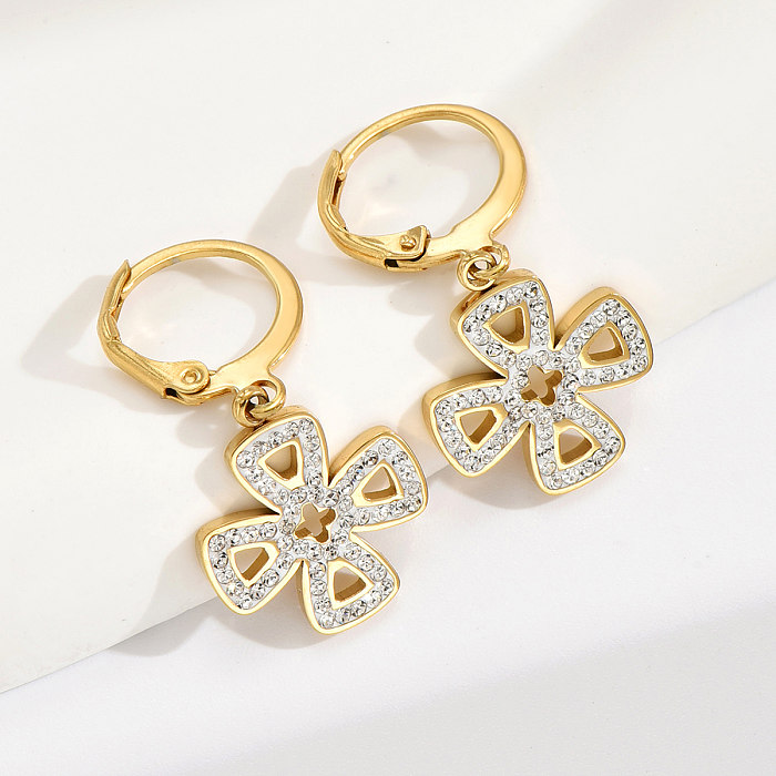 1 Pair French Style Flower Stainless Steel  Plating Hollow Out Inlay Artificial Rhinestones 14K Gold Plated Drop Earrings