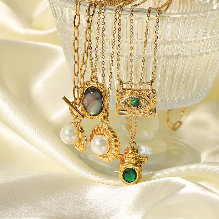 Elegante Dame im französischen Stil, Engelsflügel, Teufelsauge, Edelstahl-Beschichtung, Intarsien, künstliche Perlen, Zirkon, 18 Karat vergoldet, Anhänger-Halskette
