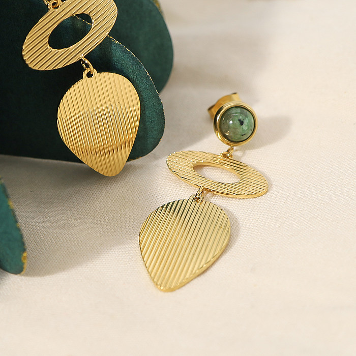 1 Paar IG-Stil Retro-Ohrringe im französischen Stil mit unregelmäßiger Streifenbeschichtung, Edelstahl-Naturstein, 18 Karat vergoldet