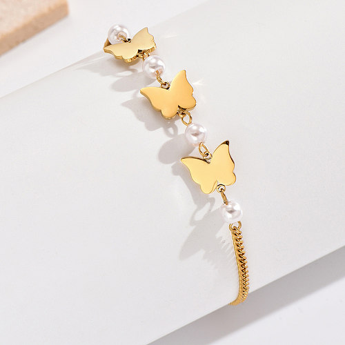 Atacado estilo francês estilo moderno estilo clássico borboleta banhado a ouro pulseiras de aço inoxidável