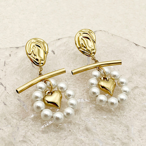 Boucles d'oreilles Streetwear en forme de cœur, 1 paire, incrustation de placage de polissage, perle en acier inoxydable plaqué or