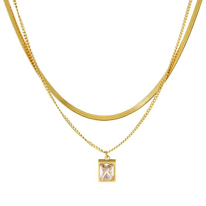 Schlichte, mehrschichtige Halsketten mit quadratischer Edelstahlbeschichtung und Zirkoneinlage, 14 Karat vergoldet
