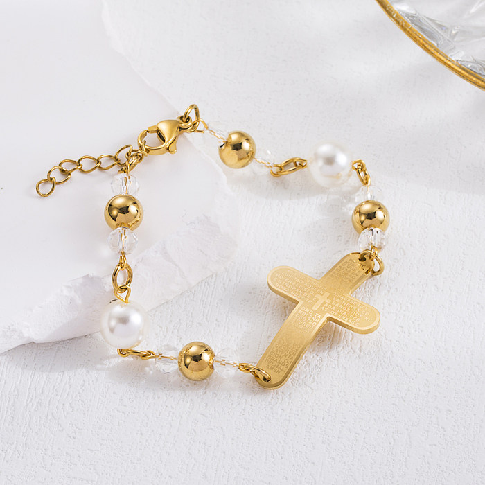 Retro Cross Round Infinity Stainless Steel Imitation Pearl Synthetics Beaded Plating 18K Gold Plated Bracelets