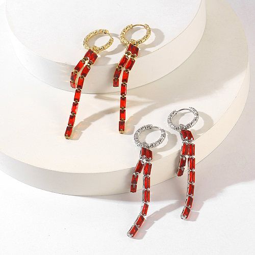 1 paire de boucles d'oreilles pendantes pour femmes, incrustation de placage de couleur unie en acier inoxydable et Zircon plaqué or 18 carats
