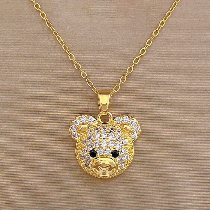 Cute Animal Bear Stainless Steel  Copper Inlay Zircon Pendant Necklace