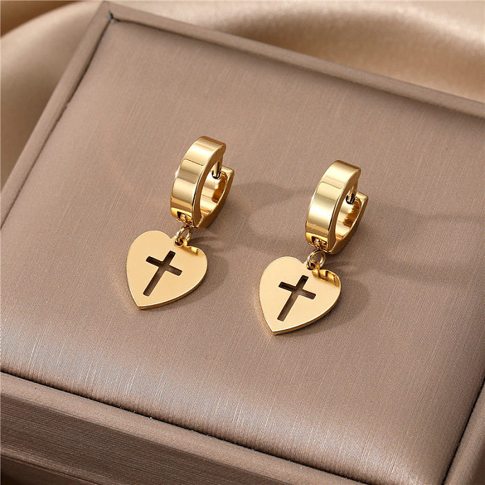 Pendientes colgantes esmaltados de acero inoxidable con forma de corazón y cruz elegantes, 1 par